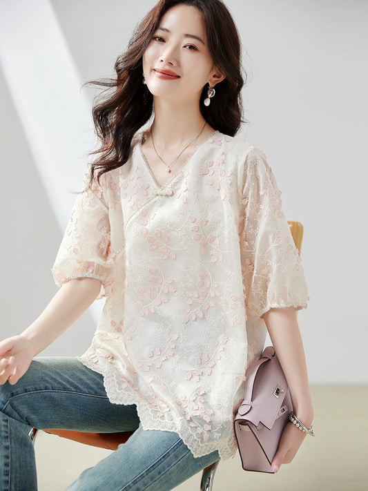 Bead embroidered Tencel national style shirt for women summer 2024 new loose large size fat mm cover belly slimming top