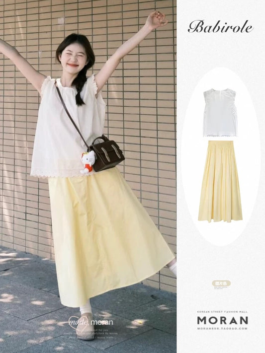 Breast fufu, fresh, sweet, gentle, flying sleeves top, A-line half-length skirt, two-piece suit for petite women
