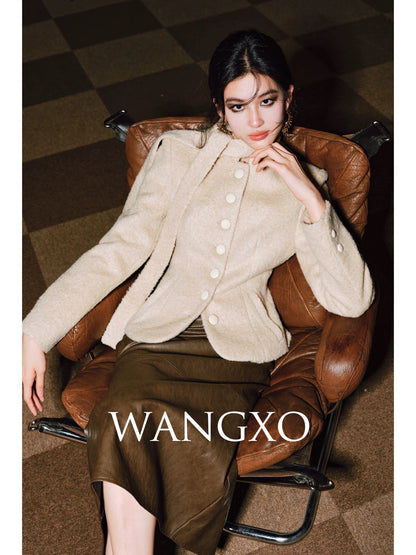 WANGXO｜Mercerized curly texture wool｜Warm streamer stand-up collar waist-cinching right-shoulder temperament short jacket