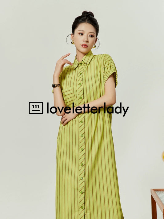 Yellow-green striped shirt dress for women 2024 new summer commuting design niche loose short-sleeved long skirt