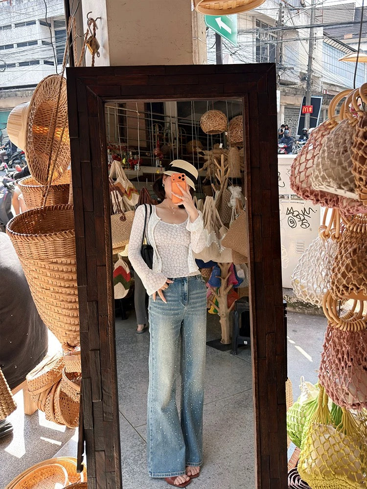 Lei Yingjun's Retro Jeans with Starry Sky Design - Spring/Summer - Distressed, Slimming, Straight Leg, Flared Jeans with Rhinestones