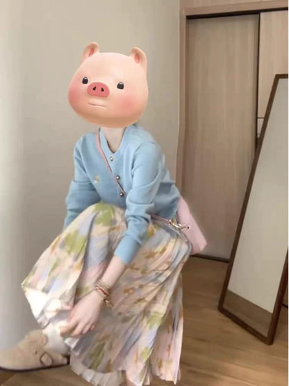 Korean Style Autumn Women's 2025 New Fashionable and Gentle Blue Knitted Cardigan and Floral Skirt Two-Piece Set