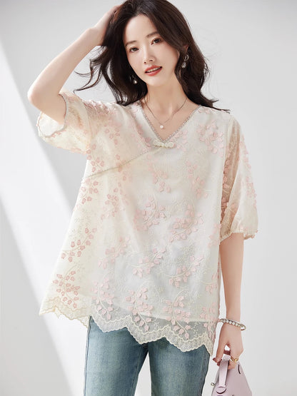 Bead embroidered Tencel national style shirt for women summer 2024 new loose large size fat mm cover belly slimming top