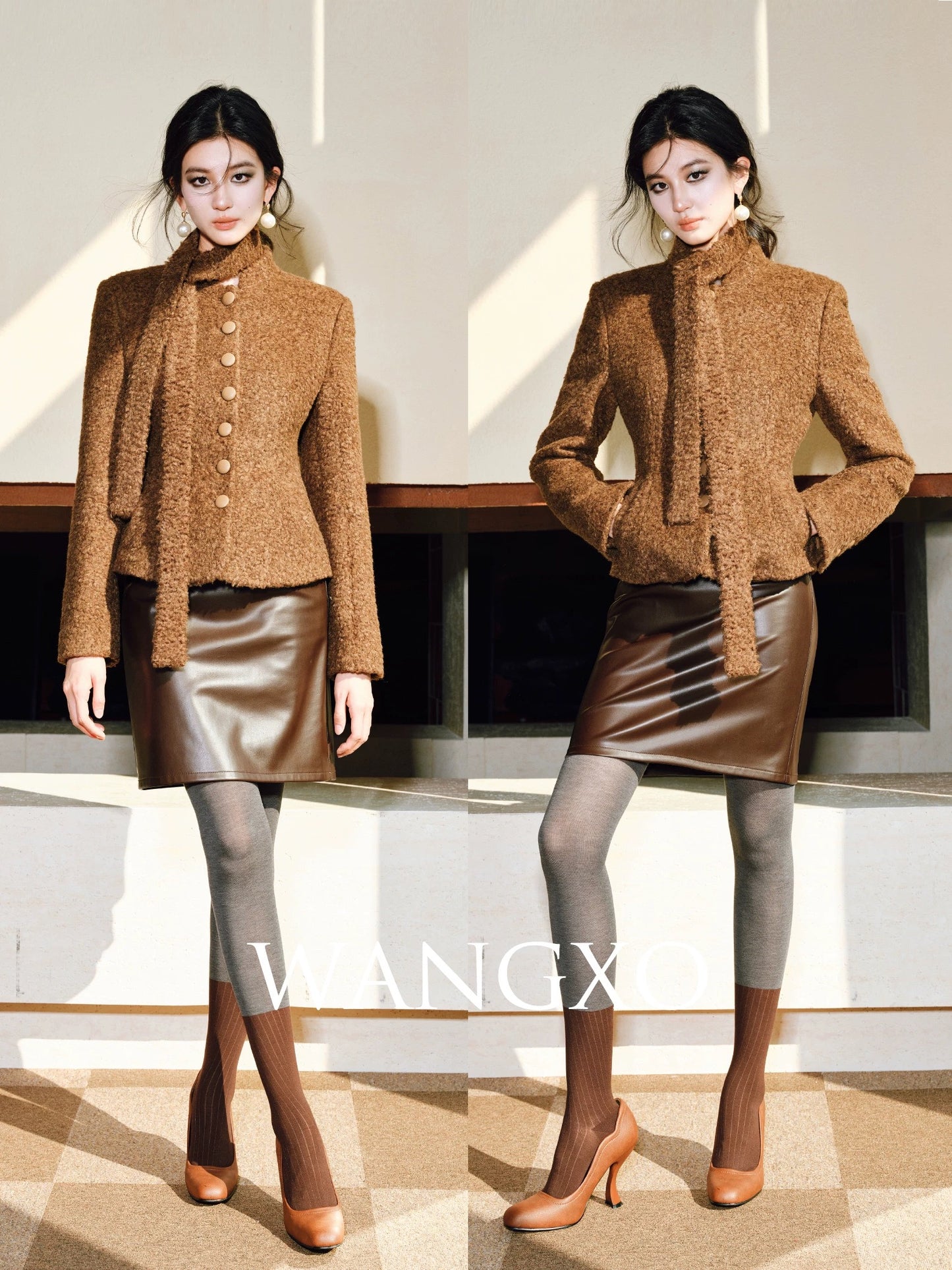 WANGXO｜Mercerized curly texture wool｜Warm streamer stand-up collar waist-cinching right-shoulder temperament short jacket