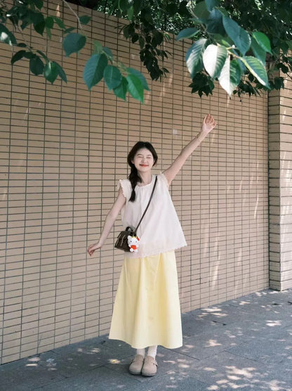 Breast fufu, fresh, sweet, gentle, flying sleeves top, A-line half-length skirt, two-piece suit for petite women