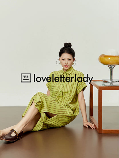 Yellow-green striped shirt dress for women 2024 new summer commuting design niche loose short-sleeved long skirt
