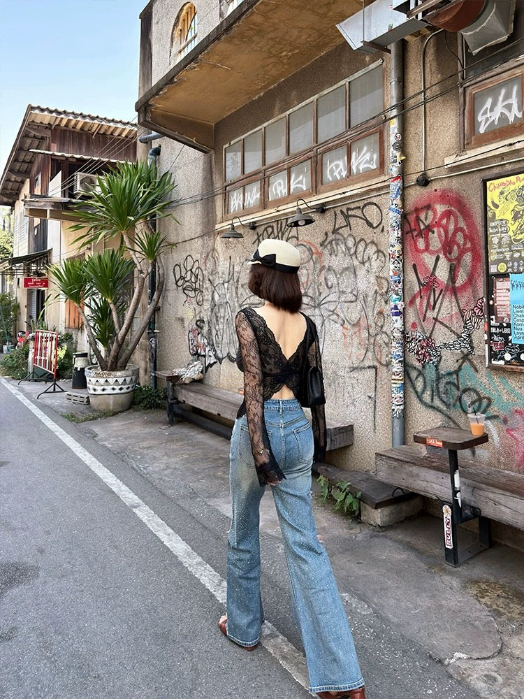 Lei Yingjun's Retro Jeans with Starry Sky Design - Spring/Summer - Distressed, Slimming, Straight Leg, Flared Jeans with Rhinestones
