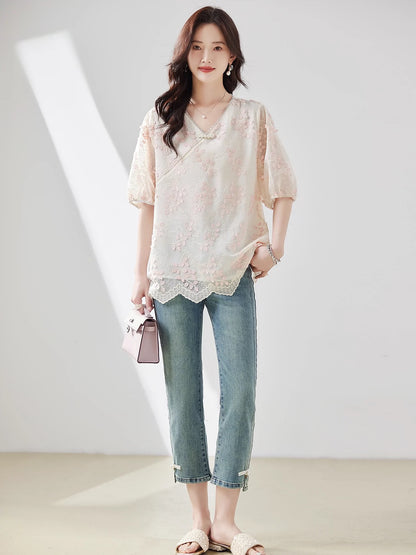 Bead embroidered Tencel national style shirt for women summer 2024 new loose large size fat mm cover belly slimming top