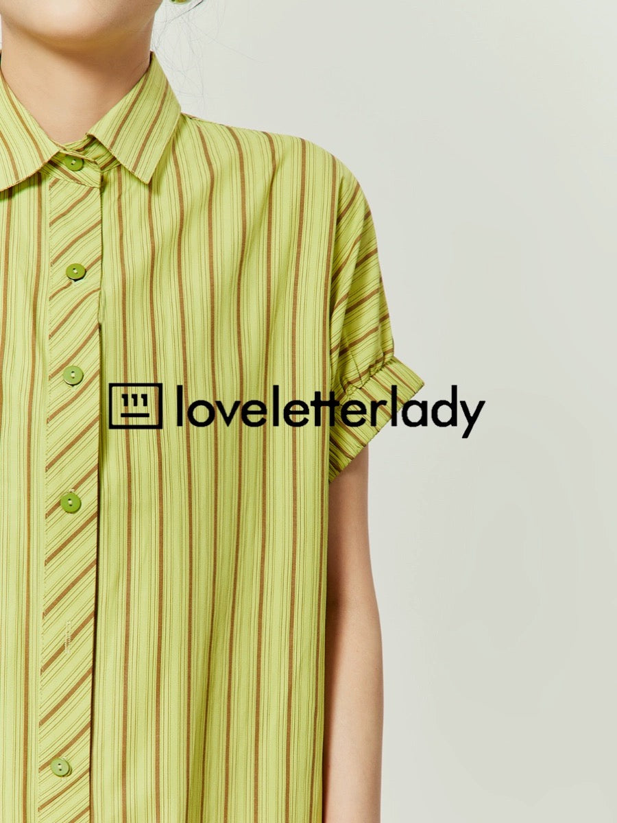 Yellow-green striped shirt dress for women 2024 new summer commuting design niche loose short-sleeved long skirt