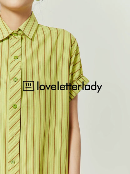 Yellow-green striped shirt dress for women 2024 new summer commuting design niche loose short-sleeved long skirt