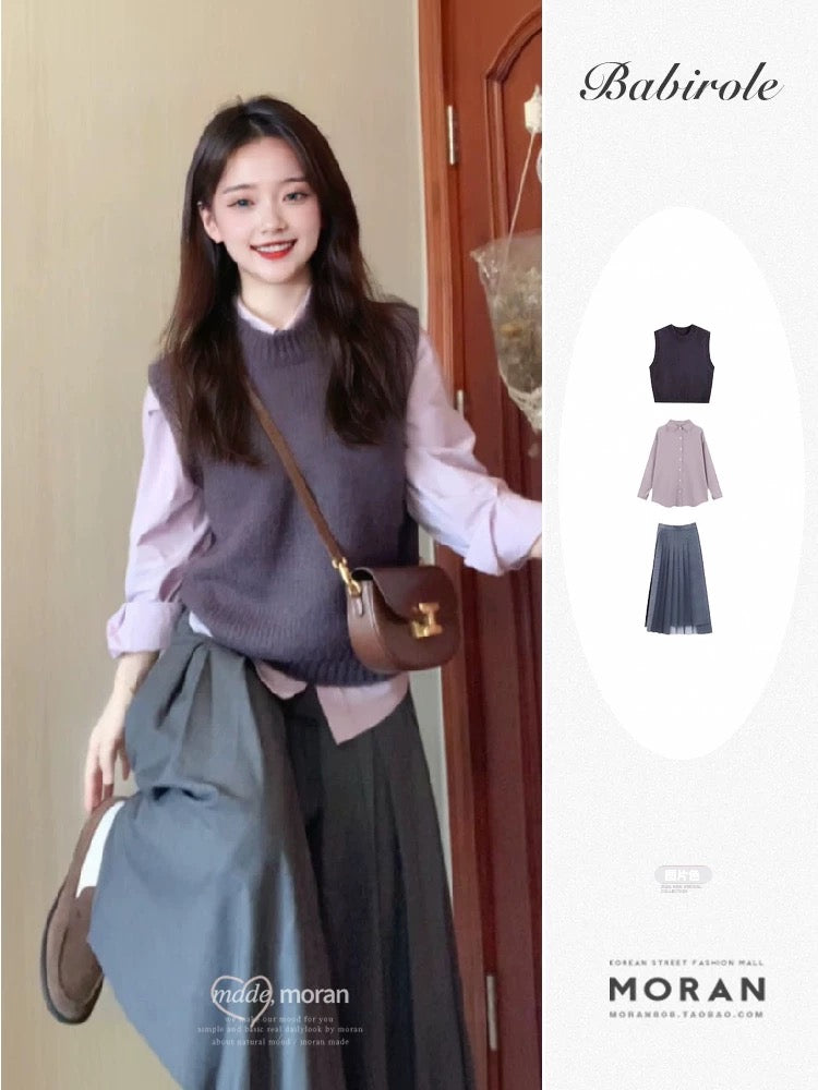Korean chic early autumn outfit three-piece set: preppy style purple shirt, sweater, vest, and skirt layered suit for women.