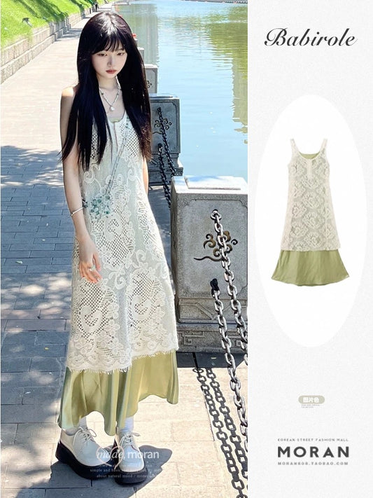 New Chinese style outfit, a complete set of summer sleeveless vest, green dress, lace overlay, two-piece long skirt