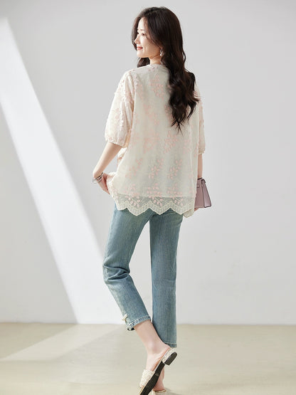 Bead embroidered Tencel national style shirt for women summer 2024 new loose large size fat mm cover belly slimming top
