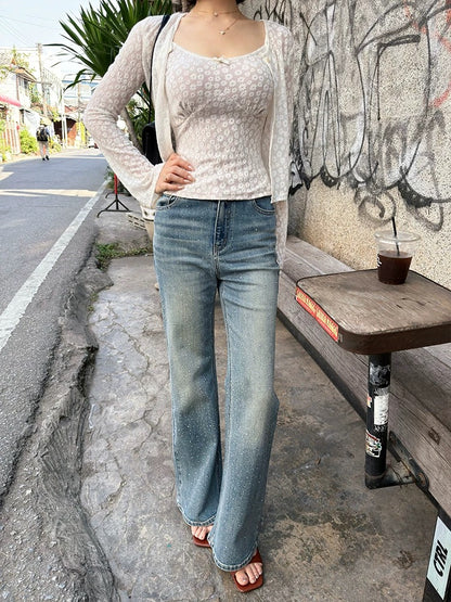 Lei Yingjun's Retro Jeans with Starry Sky Design - Spring/Summer - Distressed, Slimming, Straight Leg, Flared Jeans with Rhinestones