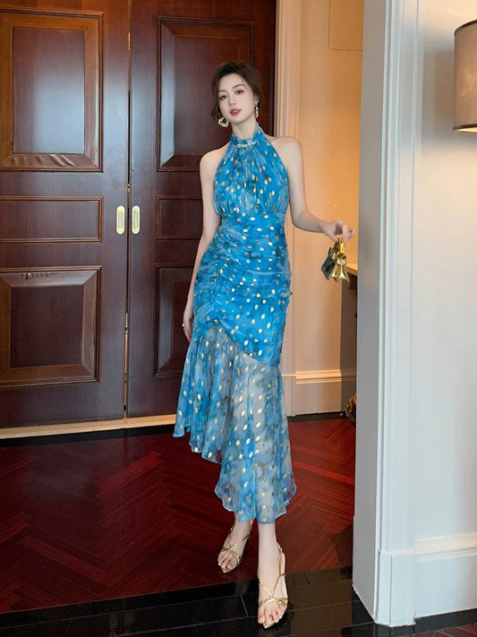 Sleeveless halterneck off-shoulder dress for women summer high-end temperament slim hip-hugging irregular polka-dot fishtail long skirt