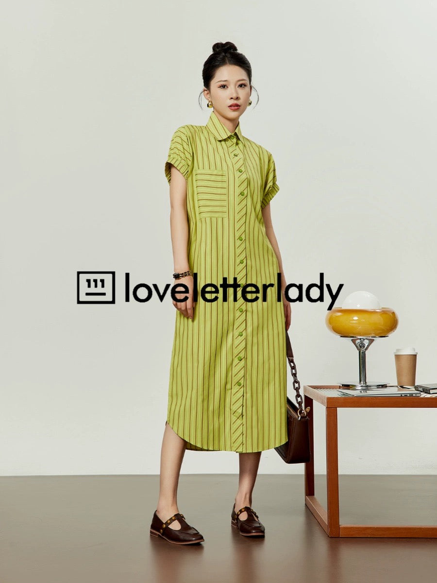Yellow-green striped shirt dress for women 2024 new summer commuting design niche loose short-sleeved long skirt