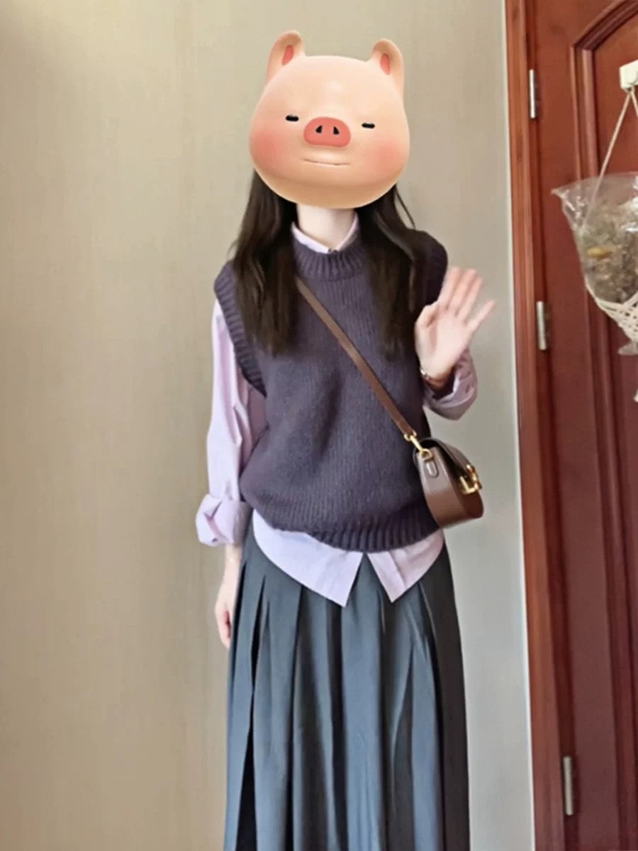 Korean chic early autumn outfit three-piece set: preppy style purple shirt, sweater, vest, and skirt layered suit for women.