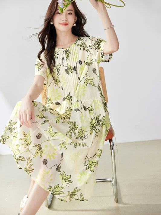 Printed Tencel short-sleeved dress for women summer 2024 new European style loose fashionable temperament slim a-line skirt