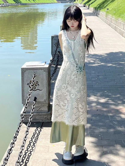 New Chinese style outfit, a complete set of summer sleeveless vest, green dress, lace overlay, two-piece long skirt