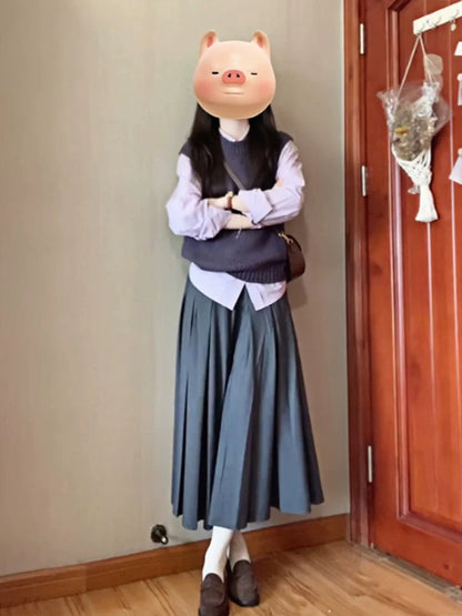 Korean chic early autumn outfit three-piece set: preppy style purple shirt, sweater, vest, and skirt layered suit for women.