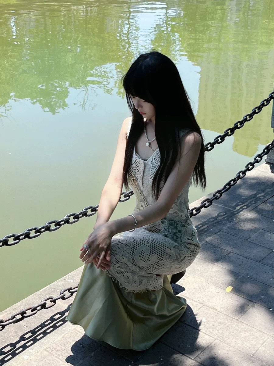 New Chinese style outfit, a complete set of summer sleeveless vest, green dress, lace overlay, two-piece long skirt