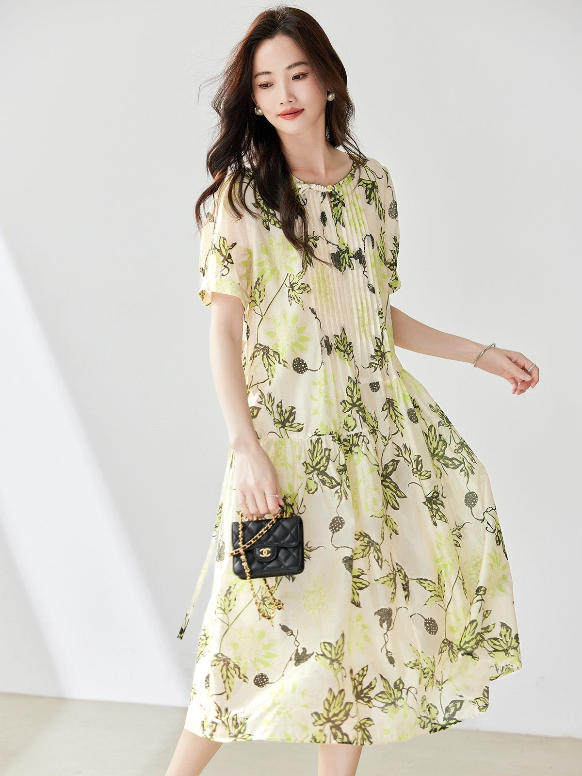 Printed Tencel short-sleeved dress for women summer 2024 new European style loose fashionable temperament slim a-line skirt