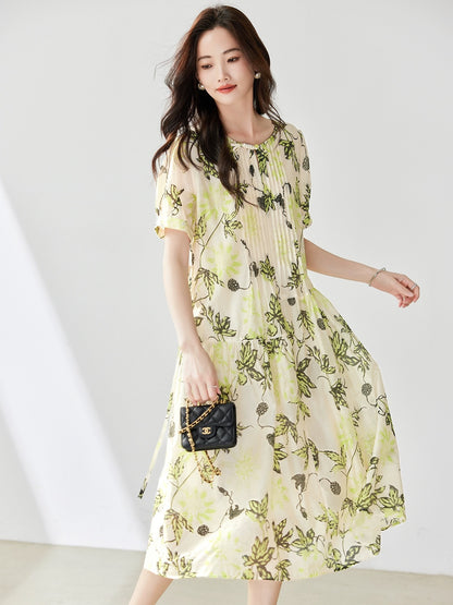 Printed Tencel short-sleeved dress for women summer 2024 new European style loose fashionable temperament slim a-line skirt