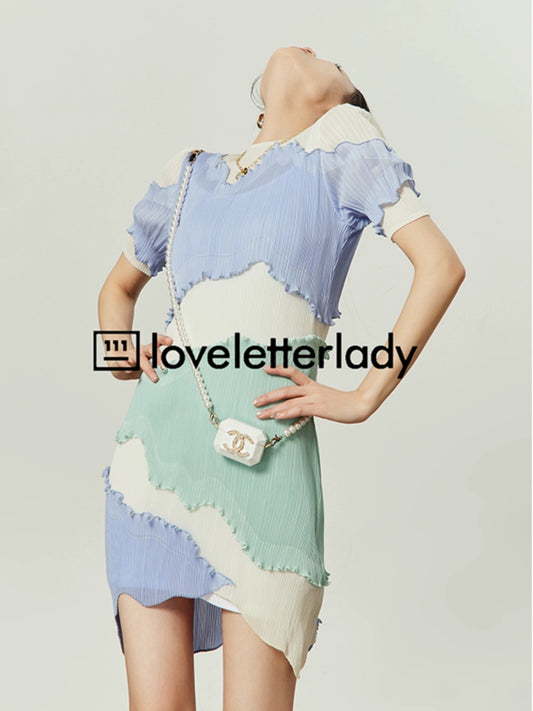 Zhao Zhaoyi's same style light blue dress 202 summer new women's irregular design contrasting color splicing versatile short skirt
