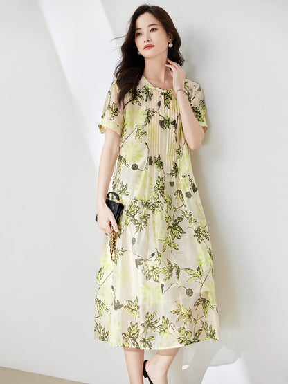 Printed Tencel short-sleeved dress for women summer 2024 new European style loose fashionable temperament slim a-line skirt