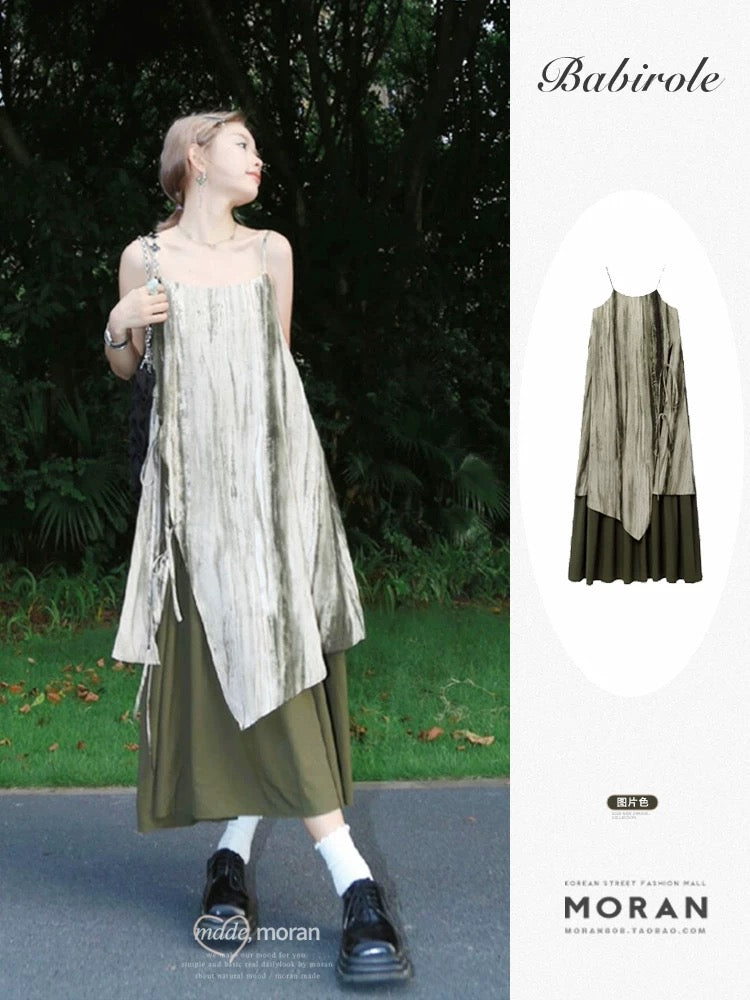 New Chinese style retro tie-dye suspender dress 2025 spring and summer new style holiday travel small long skirt women's loose