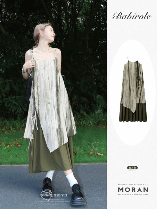 New Chinese style retro tie-dye suspender dress 2025 spring and summer new style holiday travel small long skirt women's loose
