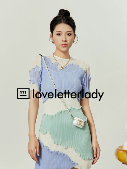 Zhao Zhaoyi's same style light blue dress 202 summer new women's irregular design contrasting color splicing versatile short skirt