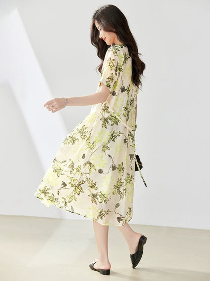 Printed Tencel short-sleeved dress for women summer 2024 new European style loose fashionable temperament slim a-line skirt