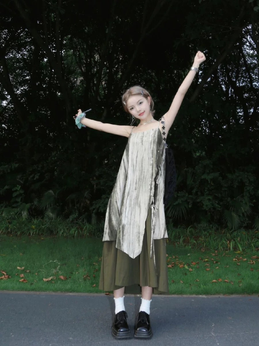 New Chinese style retro tie-dye suspender dress 2025 spring and summer new style holiday travel small long skirt women's loose
