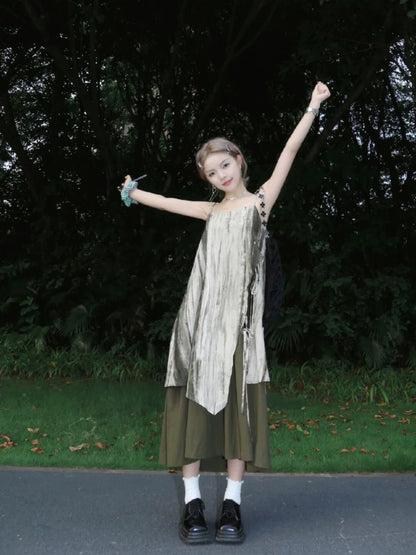 New Chinese style retro tie-dye suspender dress 2025 spring and summer new style holiday travel small long skirt women's loose