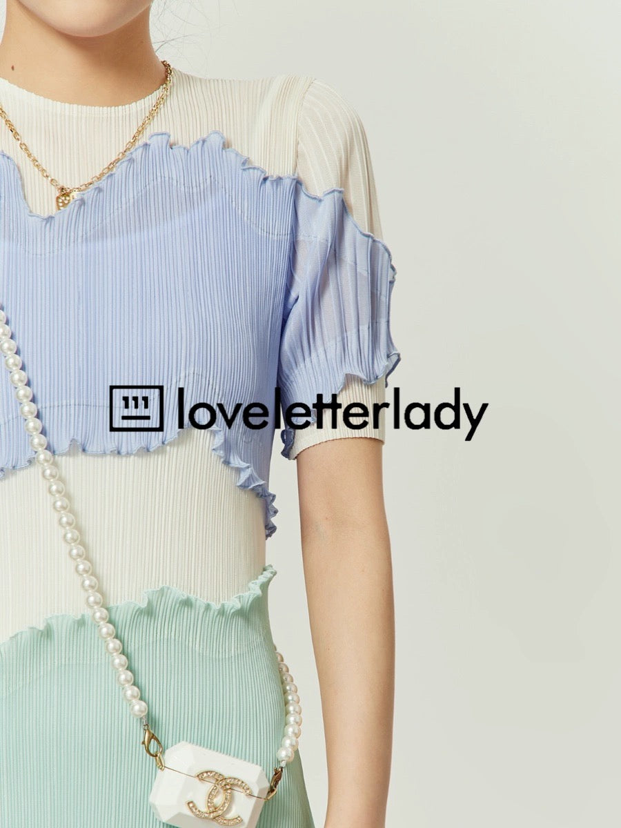 Zhao Zhaoyi's same style light blue dress 202 summer new women's irregular design contrasting color splicing versatile short skirt