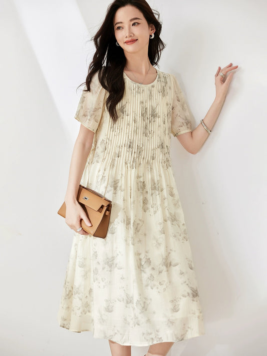 Printed accordion pleated short-sleeved dress for women summer 2024 new European style loose and fashionable temperament slim a-line skirt