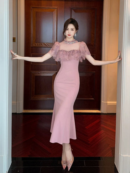 Temperament fishtail dress for women, high-end French retro temperament, light luxury dress, niche waist slimming long skirt
