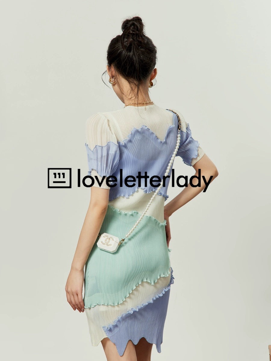 Zhao Zhaoyi's same style light blue dress 202 summer new women's irregular design contrasting color splicing versatile short skirt
