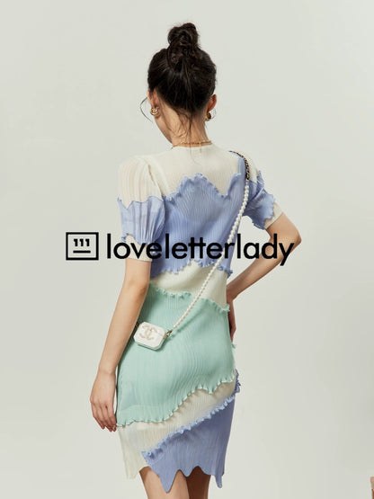 Zhao Zhaoyi's same style light blue dress 202 summer new women's irregular design contrasting color splicing versatile short skirt