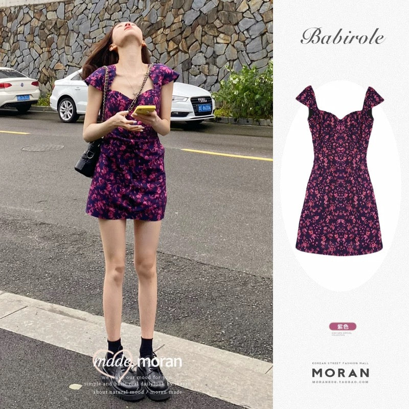 French style first love girl small slim square collar tea break oil painting purple floral dress short women's summer new style