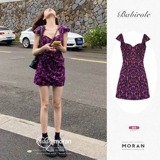 French style first love girl small slim square collar tea break oil painting purple floral dress short women's summer new style