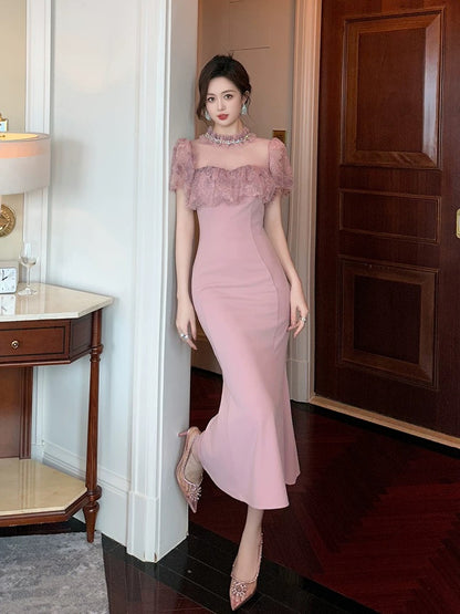 Temperament fishtail dress for women, high-end French retro temperament, light luxury dress, niche waist slimming long skirt