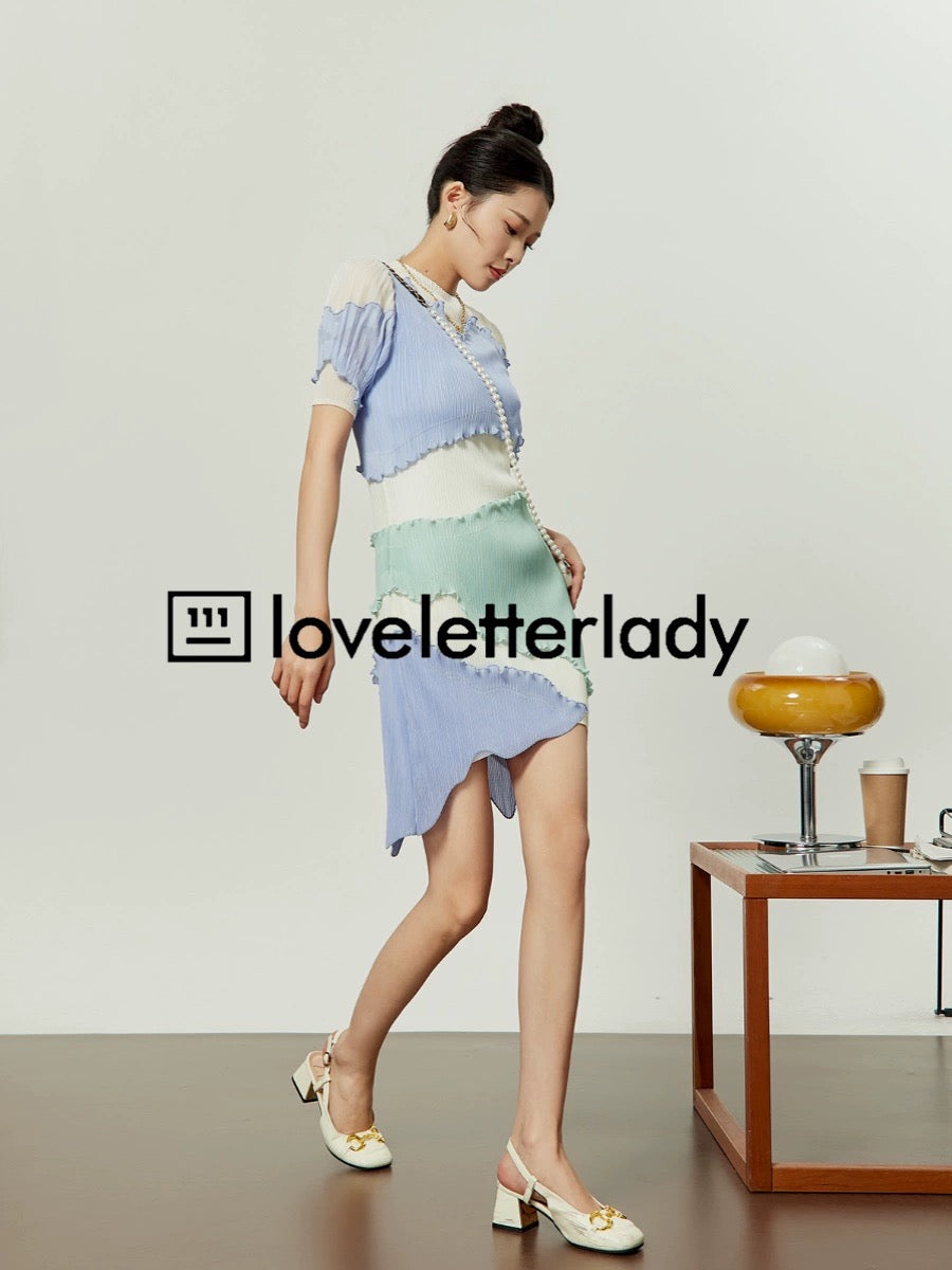 Zhao Zhaoyi's same style light blue dress 202 summer new women's irregular design contrasting color splicing versatile short skirt