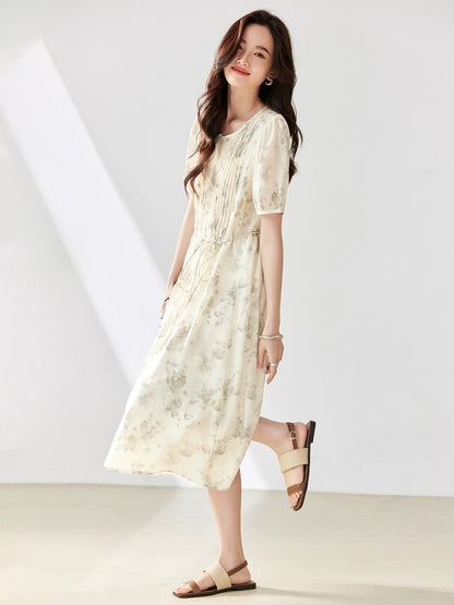 Printed accordion pleated short-sleeved dress for women summer 2024 new European style loose and fashionable temperament slim a-line skirt