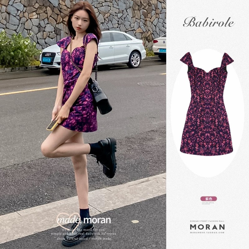 French style first love girl small slim square collar tea break oil painting purple floral dress short women's summer new style