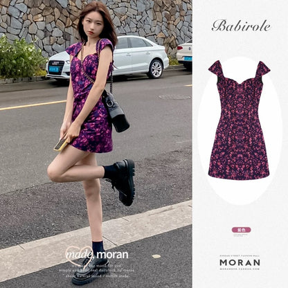 French style first love girl small slim square collar tea break oil painting purple floral dress short women's summer new style