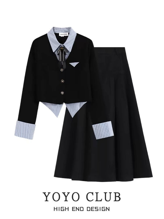 YOYO CLUB plus size autumn clothing with a complete set of college style fake two-piece tops and pleated skirts two-piece set
