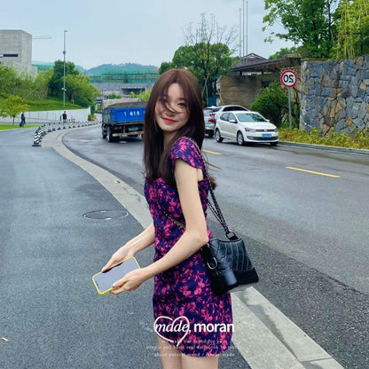 French style first love girl small slim square collar tea break oil painting purple floral dress short women's summer new style