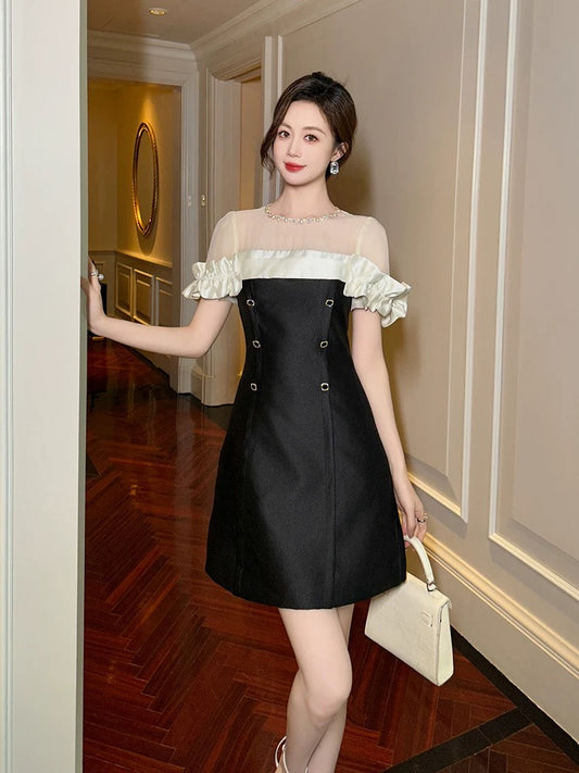 One shoulder black dress women's summer new banquet dress fungus niche celebrity high-end light luxury a-line skirt